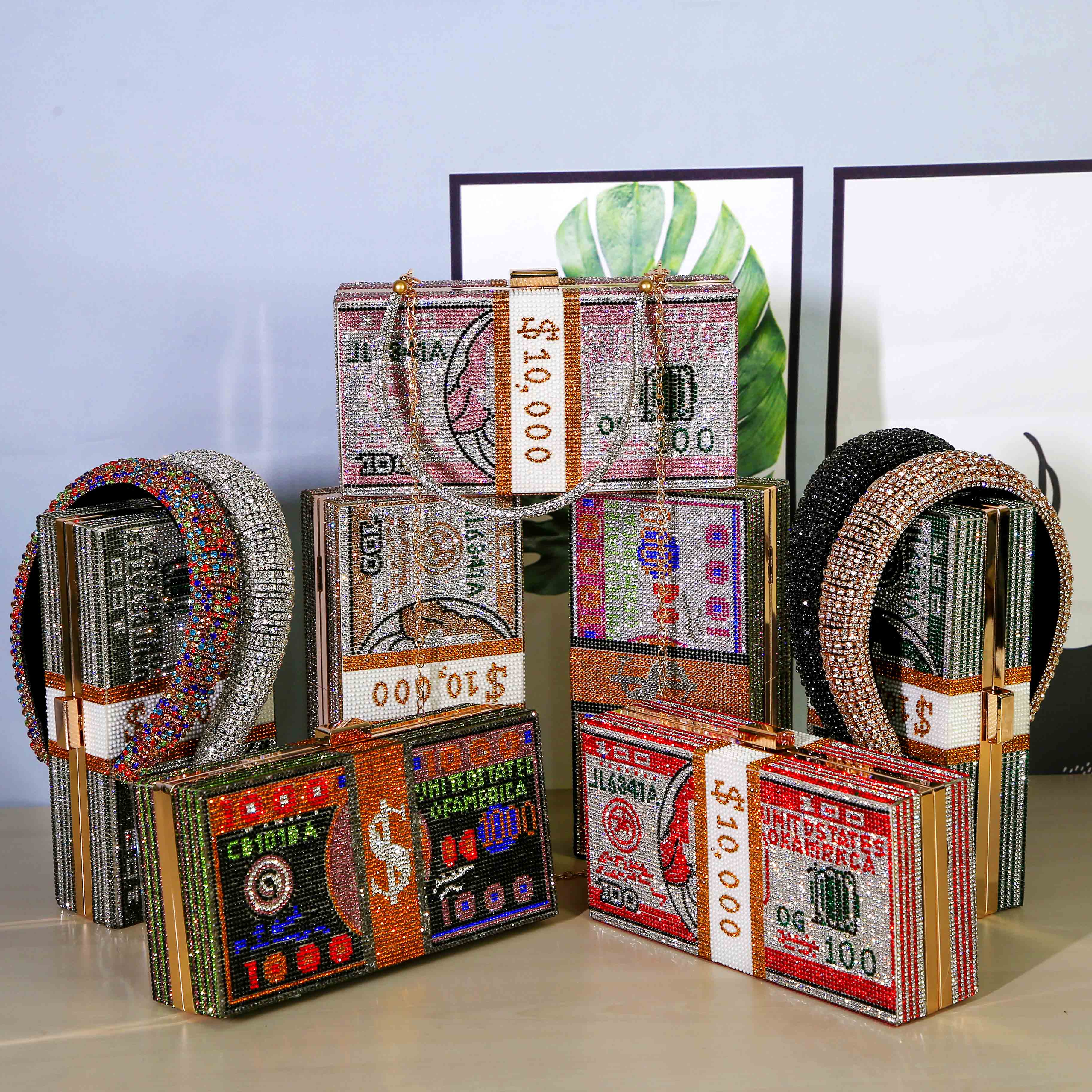 

Bling Rhinestone Money Purses Crystal Headband Elegant Evening Wedding Party Clutch Bags, Black