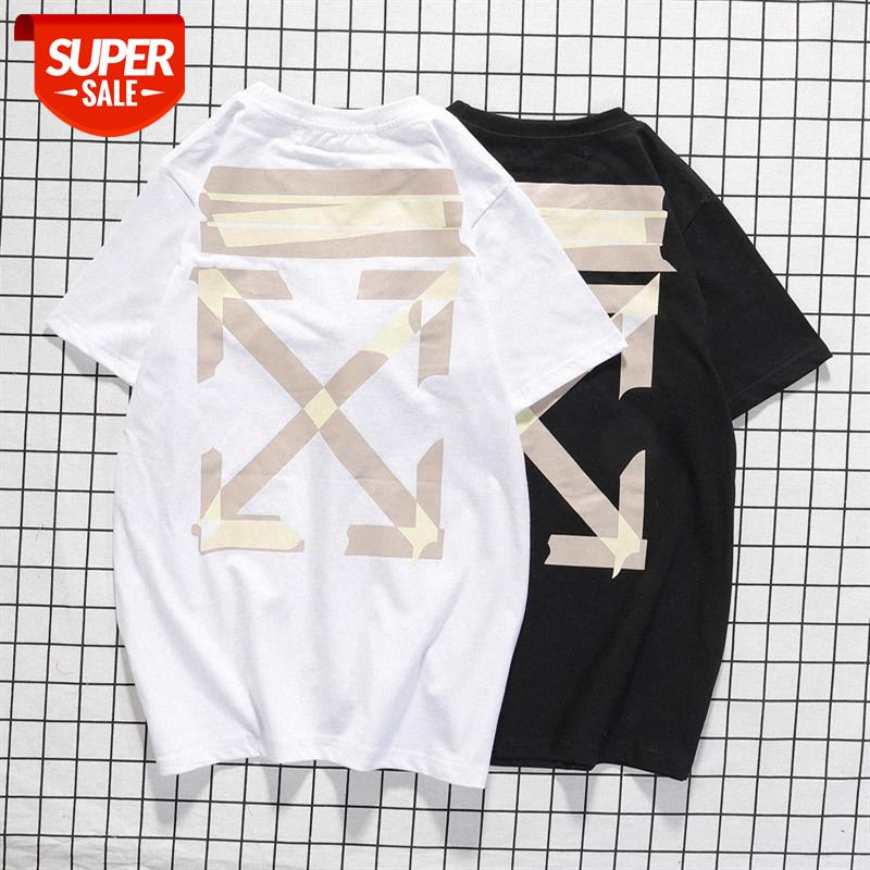

Spring and summer OFF Tide brand WHITE tape arrow printing T-shirt black gold irregular men women short sleeve tee #FX2m, White;black
