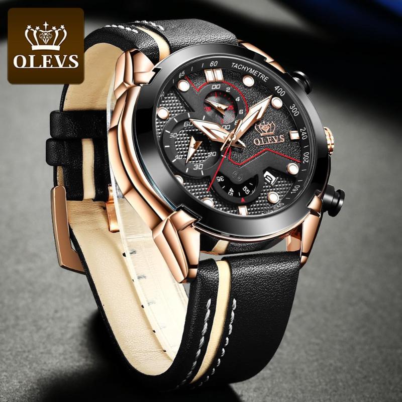 

Wristwatches Waterproof Men Watches Chronograph Quartz Clock Leather Man Luminous Date Male Relogio Masculino, Black1