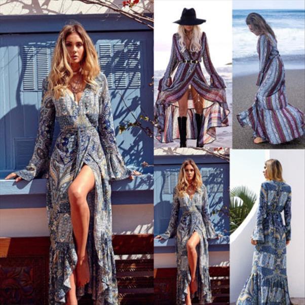 

summer boho chiffon v neck women dresses casual party evening beach long maxi sundress, Black;gray