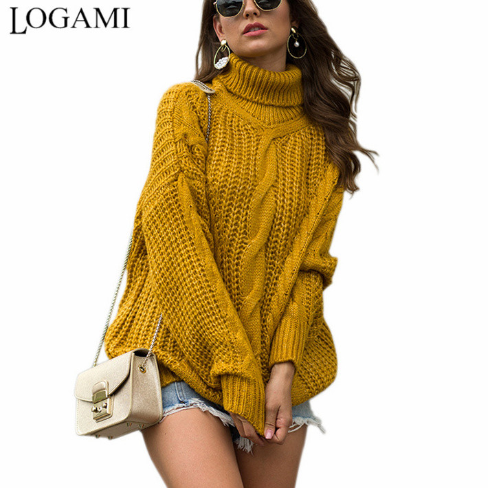 

logami korean style knit turtleneck sweater women loose twist autumn winter pullover and sweater new arrival, Black