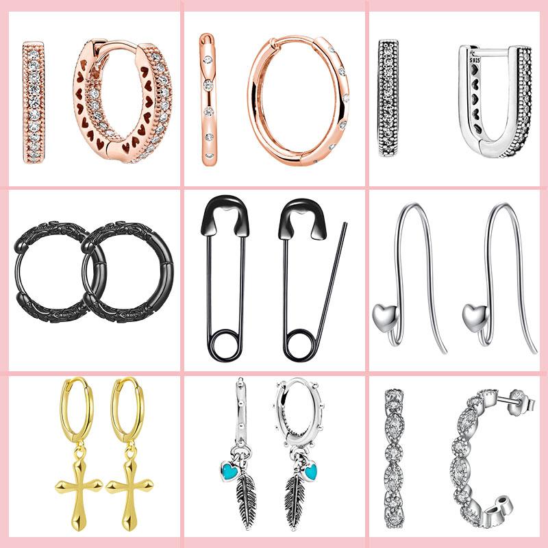 

Stud Arrival 100% 925 Sterling Silver Earrings Round U-shaped Feather Pin For Women Fit Original Charms Jewelry Making, Golden;silver