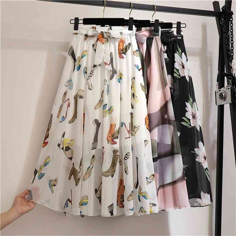 

GIGOGOU printing Long A Line Skirt Women For Spring Summer High Waist Sun School Midi Chiffon Pleated 210629