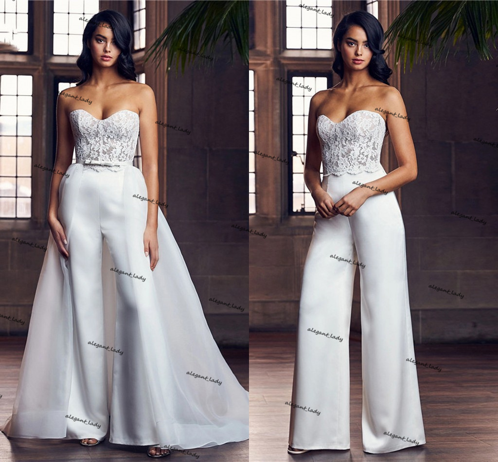 

Sweetheart Lace Stain Wedding Jumpsuit with Remove Train 2021 Vestido De Noiva Backless Beach Garden Bridal Gown Pant Suit, Ivory