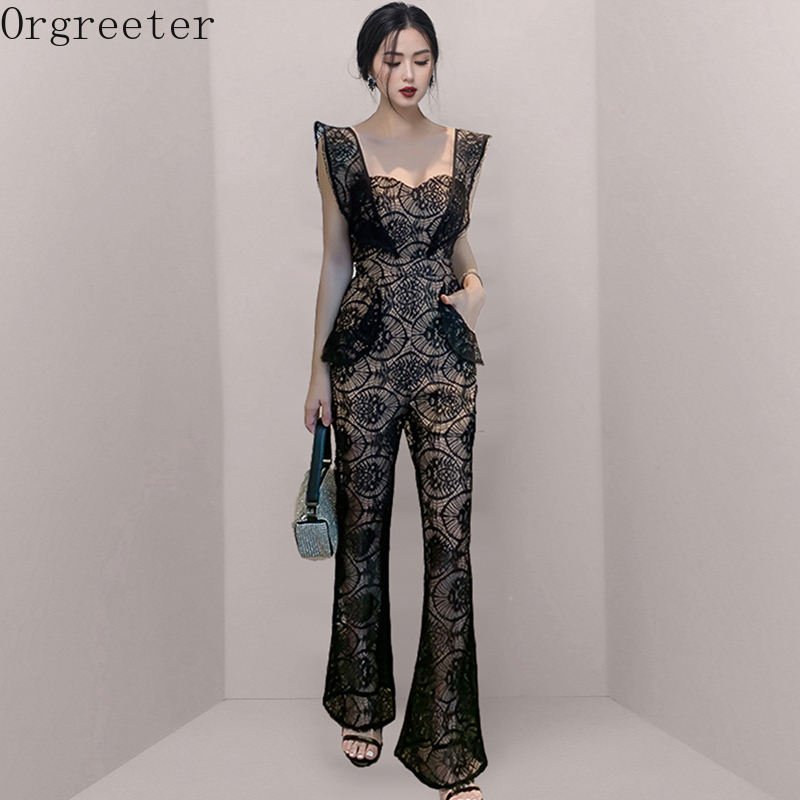 

Rompers Women Jumpsuits Summer Square collar Flying Sleeve Black Lace Wide leg High waist Overalls for 210525