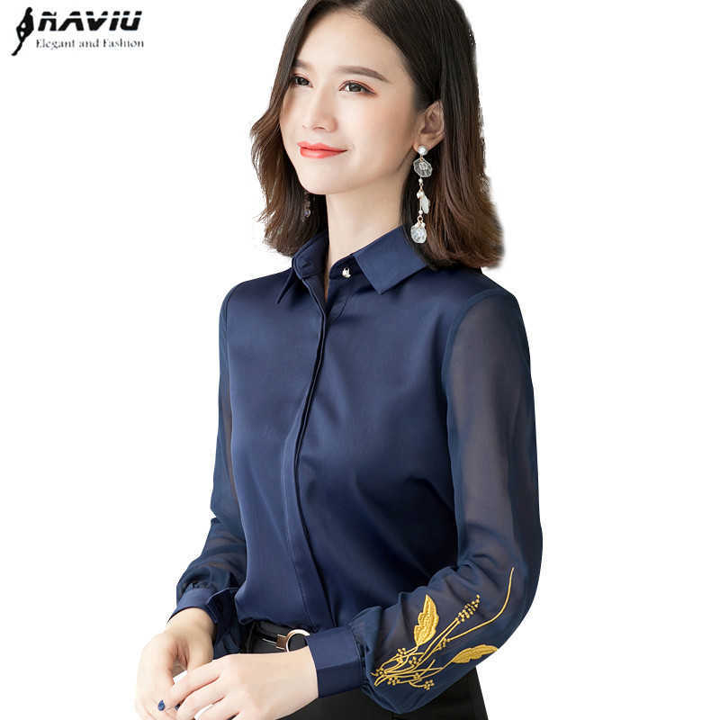 

Professional Satin Shirt Women Autumn Fashion Embroidered Long Sleeve Slim Blouses Office Ladies Work Tops 210604, Dark green