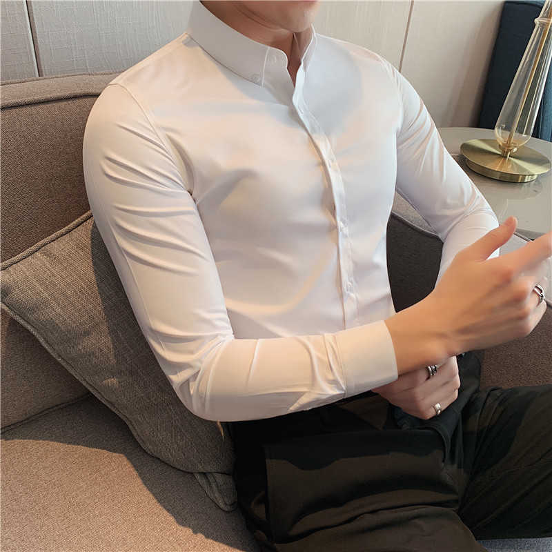 

High Quality Solid Shirts for Men Clothing Korean Slim Fit Men Casual Shirts Long Sleeve Streetwear/Night Club/Prom Tuxedo 210628, Black