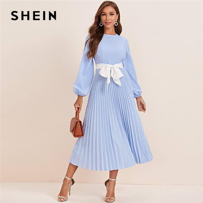 

SHEIN Abaya Blue Lantern Sleeve Polka Dot Pleated Dress With Belt Women Spring A Line Elegant High Waist Long Dresses