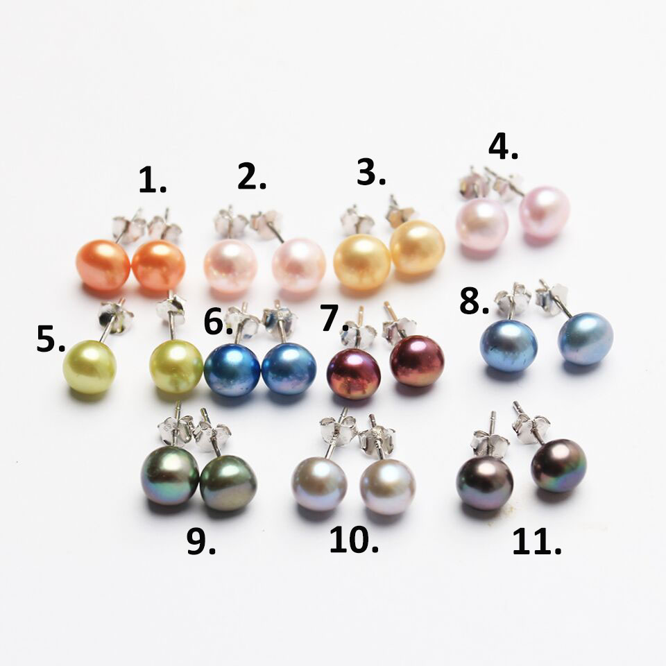 

Handmade pearls sterling silver S925 7-8mm button pearl stud earring 11 colors for choose colorful earrings