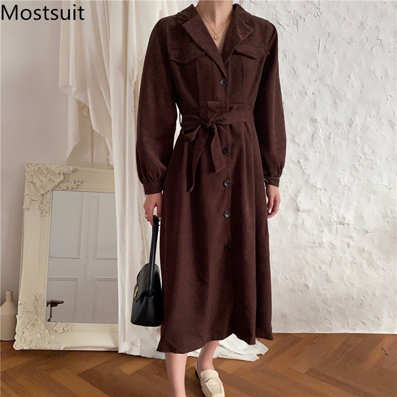

Corduroy Korean Single-breasted Long Trench Dress Autumn Sleeve Notched Collar Belted Dresses Vintage Ladies Vestidos 210518, Coffee