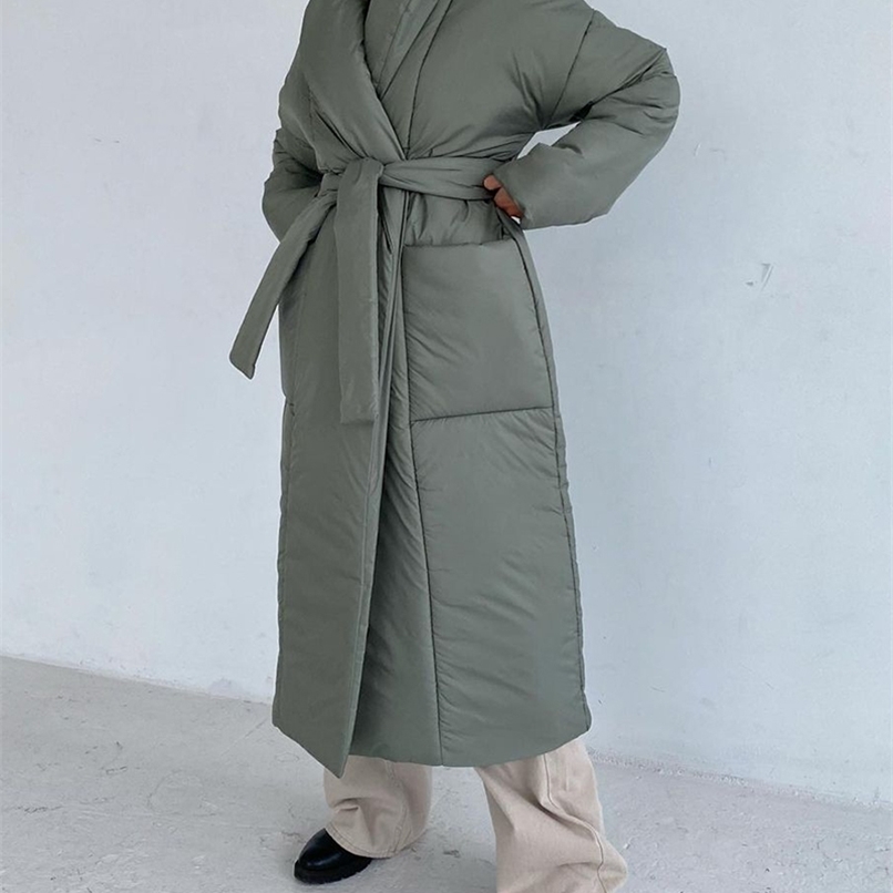 

WOTWOY Thickening Winter Down Jacket Women Belted Cotton Padded Parkas Female Wide-waisted Long Bubble Coat Windbreakers 211108, 21129-apricot