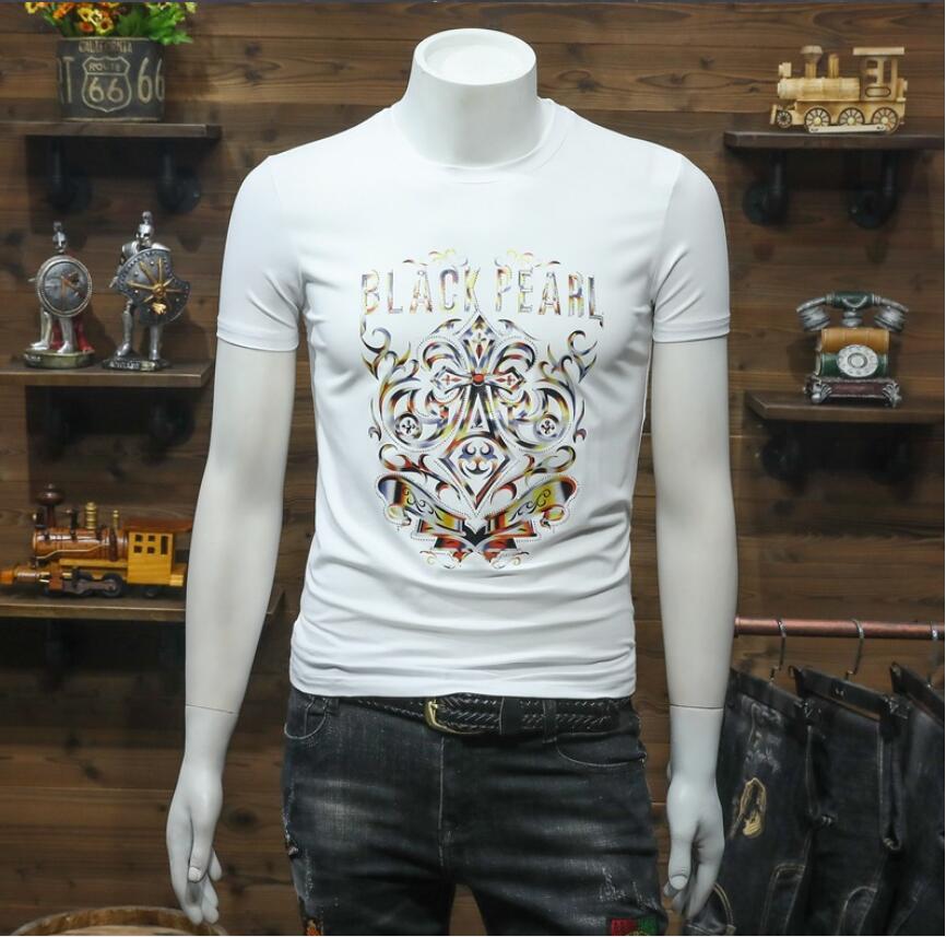 

2021 Summer New Men's Mercerized Cotton Hot Rhinestone Short Sleeve T-Shirt Men's Slim 3D Printing Half Sleeve T-shirt European Goods Trend, W1