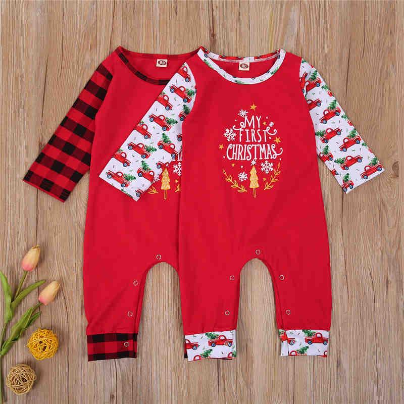 

Jumpsuits 0-18m Born Baby Cotton Christmas Jumpsuit Red Plaid And Cartoon Car Print One-Piece My First Boys Girls Romper, Plaid sleeve