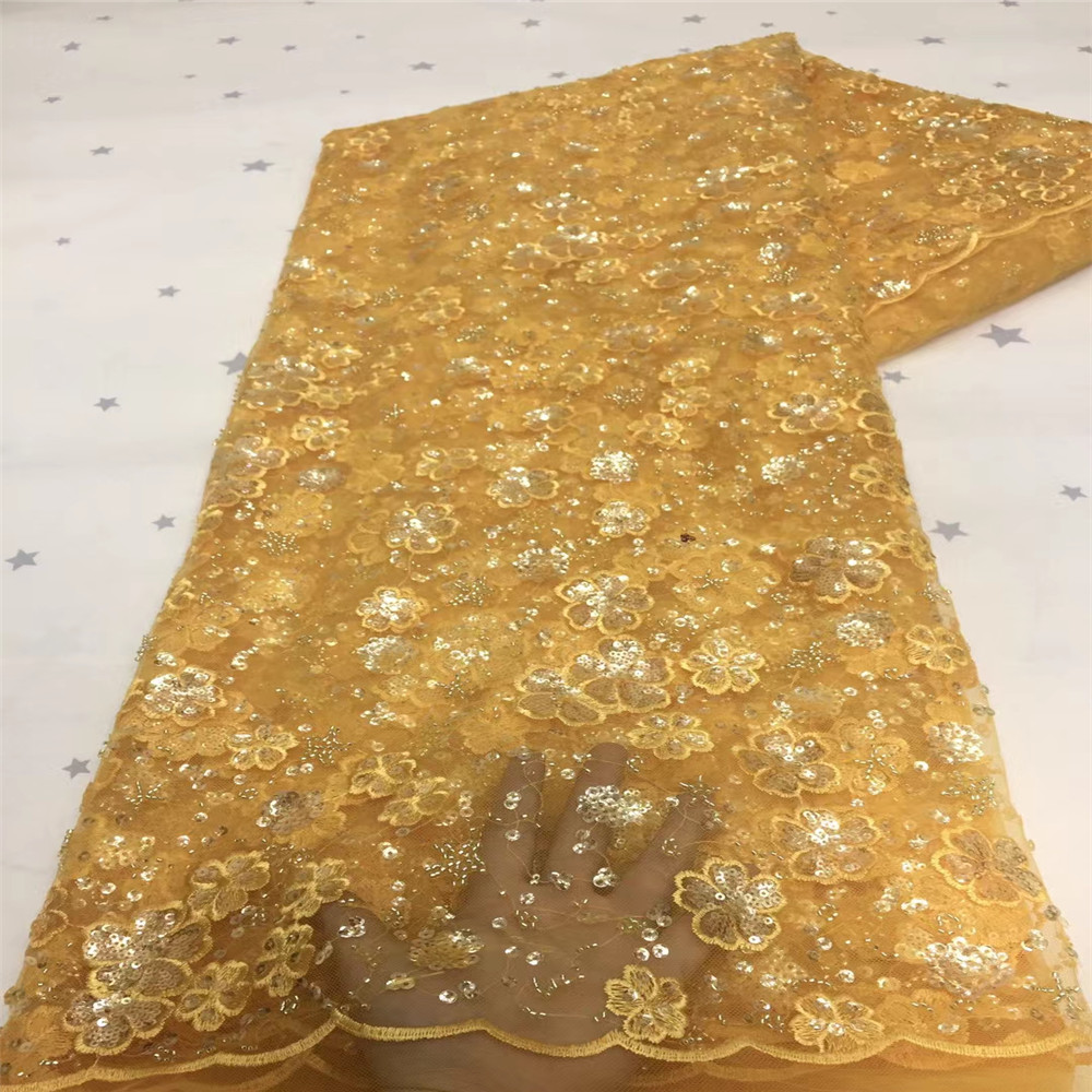 

2021 Yellow French Nigerian Laces Fabric Handmade Beaded Tulle African Lace For Wedding Dress