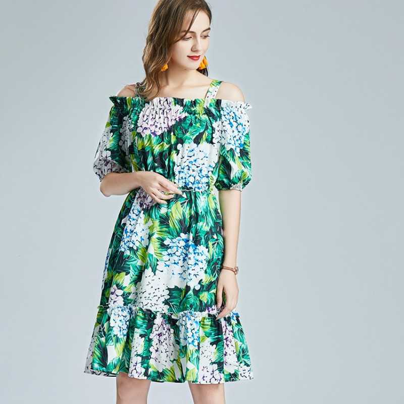 

Fashion Runway Summer Dress Women Sexy Slash Neck Elastic Waist Green Floral Print Elegant Holiday Chiffon 210526, Photo color