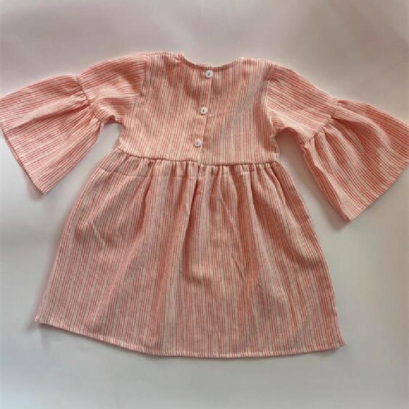 

Girl's Dresses 2022 Spring And Autumn Girls Dress Cotton Linen Striped Trumpet Sleeve Princess All-match Children's A-line, Red;yellow