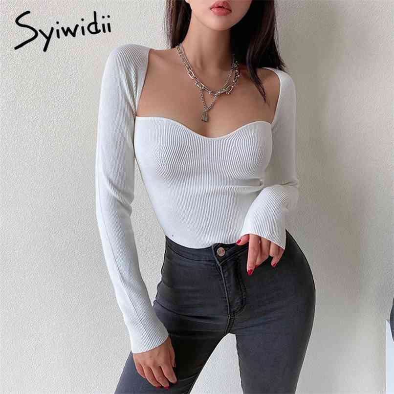 

Ribber Knitted Square Collar Shirts for Women Casual Long Sleeve T Shirt Elastic Tee Spring Summer Sexy Tops 210607, White