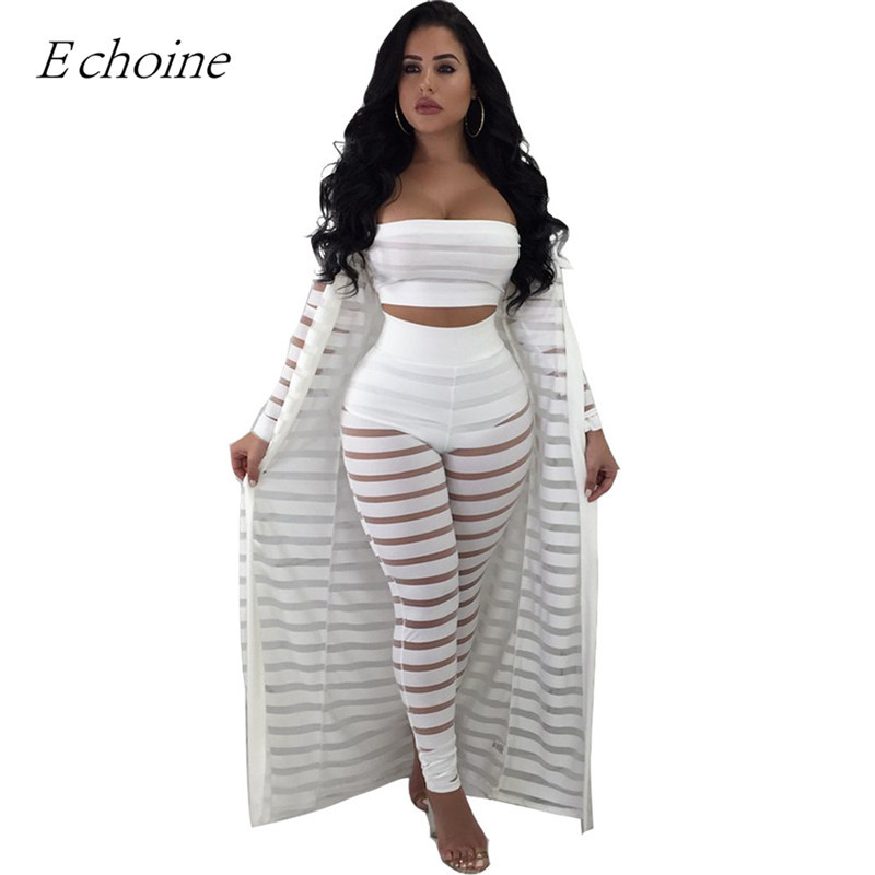 

2018 Sexy Hollow Out 3 Pieces Set Womens Strapless Crop Top Sheer Stripe Mesh Pants Long Cardigan Set Plus Size Club Outfits, Gray