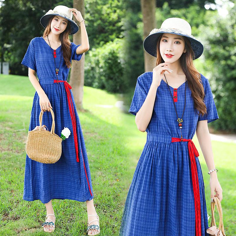 

Casual Dresses 2021 Ethnic Style Retro Cotton And Linen Waist Slim Woman Dress, Blue