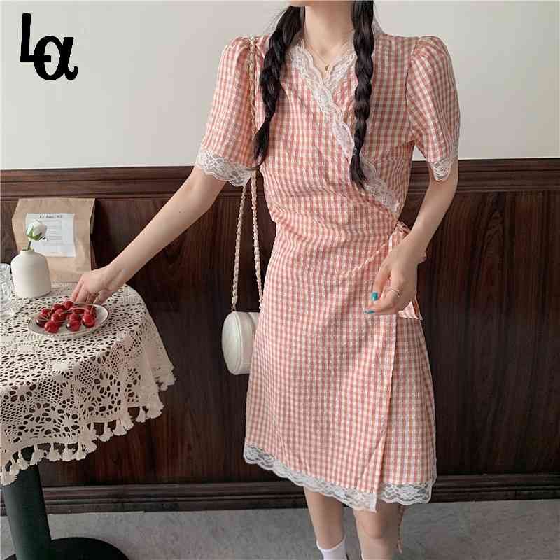 

Kawaii Sexy Patchwork Dress Female Korean Style Sweet Designer Plaid Outfits Holiday Women 210519, Pink plaid