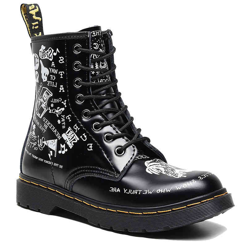 Chaussures de robe Bottes en cuir de haut en haut au milieu de femmes Personnalité Crâne dur Court Unisexe graffiti Toe chaussures rondes moto MX