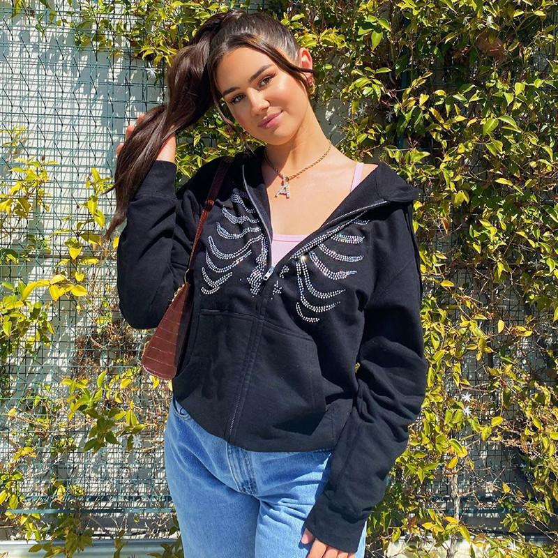 

Women' Jackets Rhinestone Skull Casual Oversized Sweatshirt Zip Up Gothic Black Hoodie Y2k Punk E-girl Harajuku Long Sleeve Outerwear