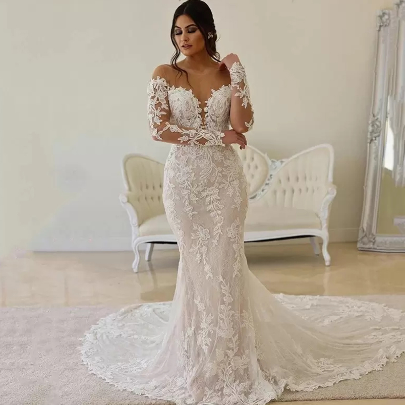 

Jewel Neck Long Sleeves Lace Mermaid Wedding Dresses with Appliques Court Train Backless Tulle Plus Size Bridal Gowns, Red