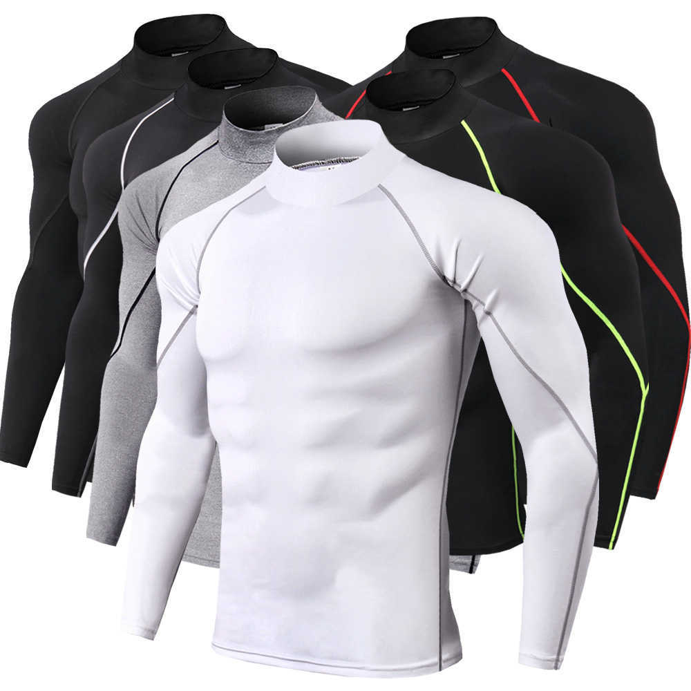 

High collar Compression Shirts Men Bodybuilding Sportswear T-shirt Long Sleeve Top Gyms T Shirt Fitness Tight Rashgard 210629, Blackblack line