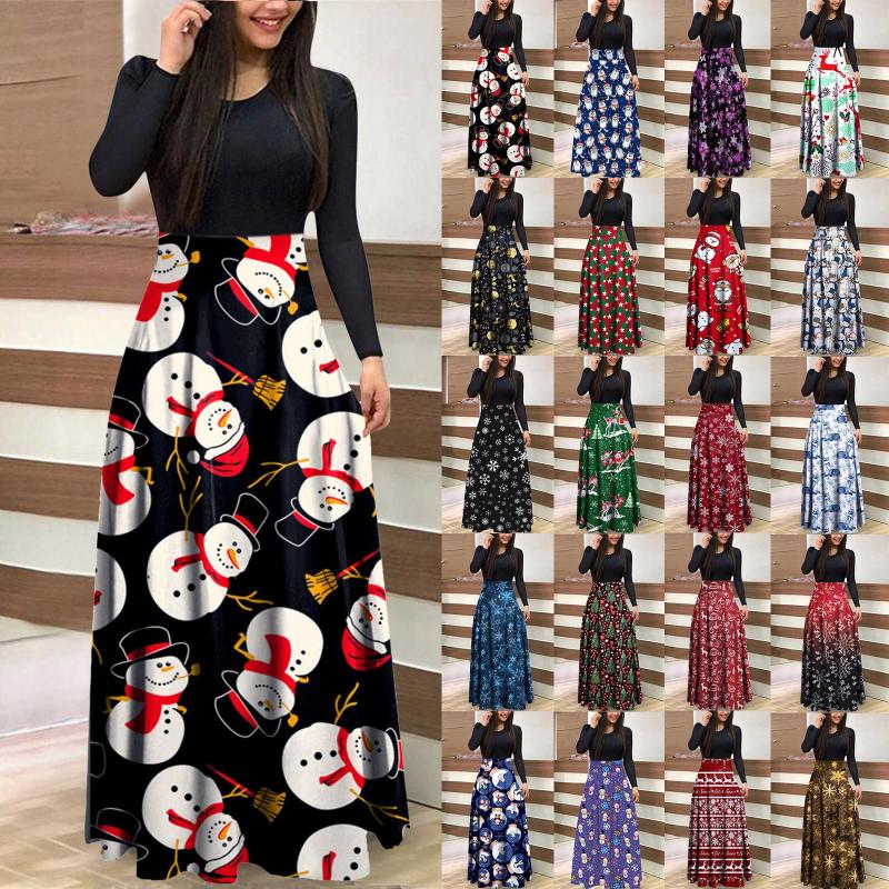 

Casual Dresses Santa Claus Reindeer Snowman Print Prom Christmas Dress Autumn Winter Long Sleeve Patchwork Party Club, 11