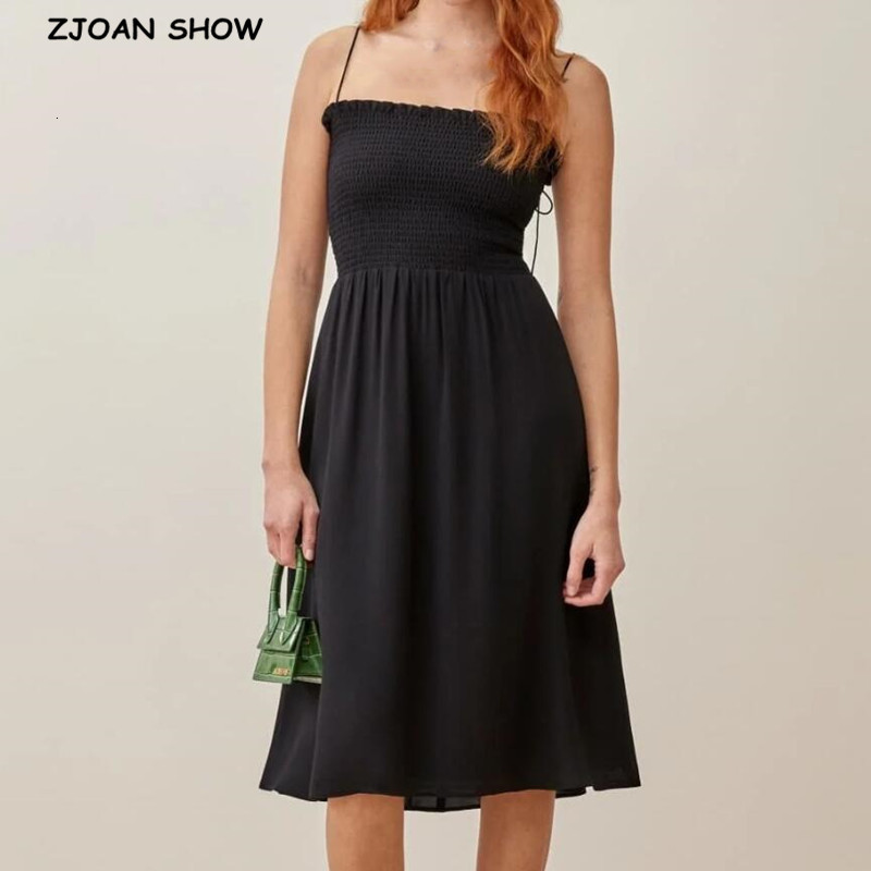

Casual Dresses 2021 Retro Elegant Elastic Body Long Sling France Plain Black Color Vintage Women Summer Dress Holiday 3T10