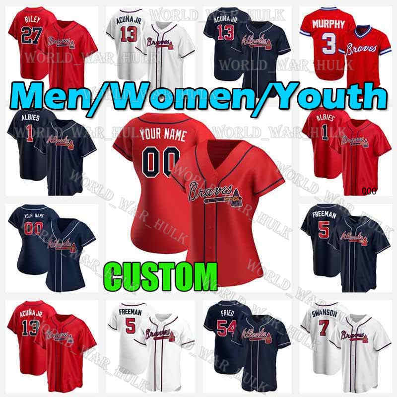 

Mens Youth Women 2021 Custom Braves Jersey Atlanta 13 Ronald Acuna Jr 5 Freddie Freeman 27 Austin Riley Mike Soroka Baseball Jerseys, Blue;black