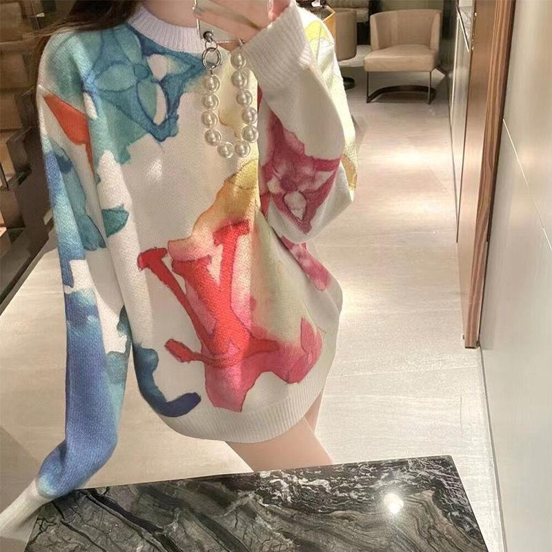

Women's Sweaters Watercolor Graffiti Sweater Loose Long Thin Tie-dye Autumn Long-sleeved Pullover Knit Tops Female Drop, As picture