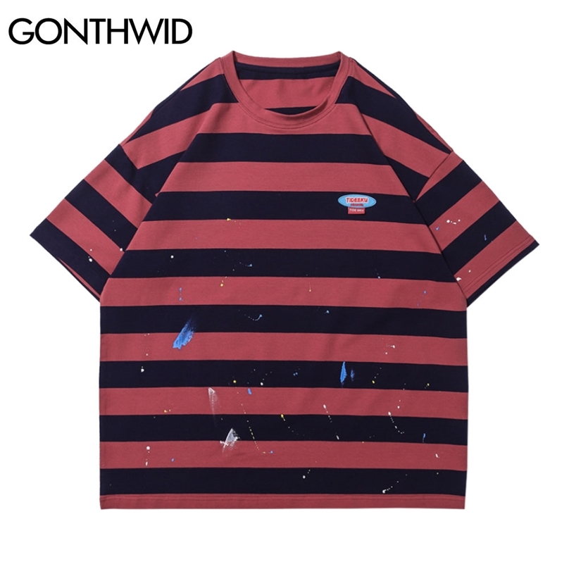 

Tshirts Streetwear Hip Hop Graffiti Ink Stripe T-Shirts Harajuku Casual Short Sleeve Tees Men Fashion Cotton Loose Tops 210602, Red