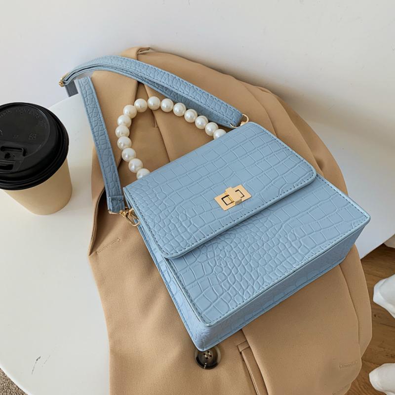 

Tote Bags MINI PU Leather Crossbody Shoulder For Women 2021 Chain Design Luxury Hand Bag Female Travel With Pearl Handle Cross Body, Beige