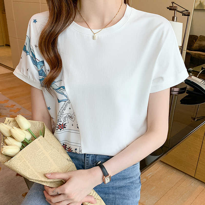 

Fashion Women' Shirt Solid Blouses for Printing Asymmetric  Tops O-neck All-match Blouse Woman Basic OL 210604, Picture color