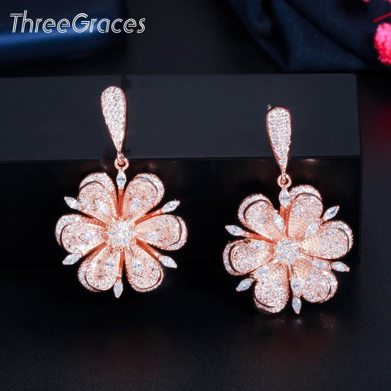 

Dangle & Chandelier ThreeGraces Beautiful 3D Flower Shape Rose Gold Color Wedding Drop Earrings For Women Fashion Summer Jewelry ER625, Silver