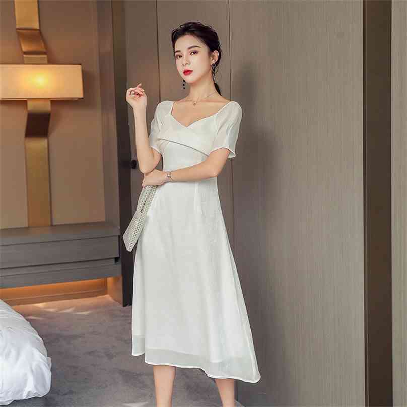

White Stain Long Dress for women Summer Short Sleeve V neck smooth Sexy Ladies Loose korea party Dresses 210602