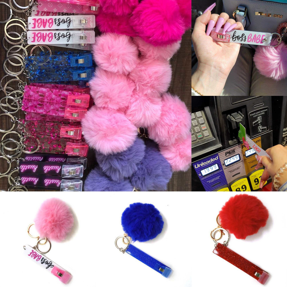 

1set/8pcs Fashion Self Defense Keychains Set Pompom Card Grabber Alarm Keychain Lipstick Holder And Wristband For Woman Cute Credit Card Puller For Long Nail