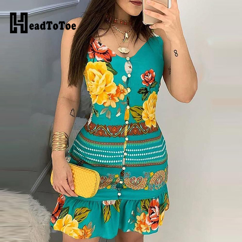 

V-neck Bottoned Design Print Dress, Butterfly