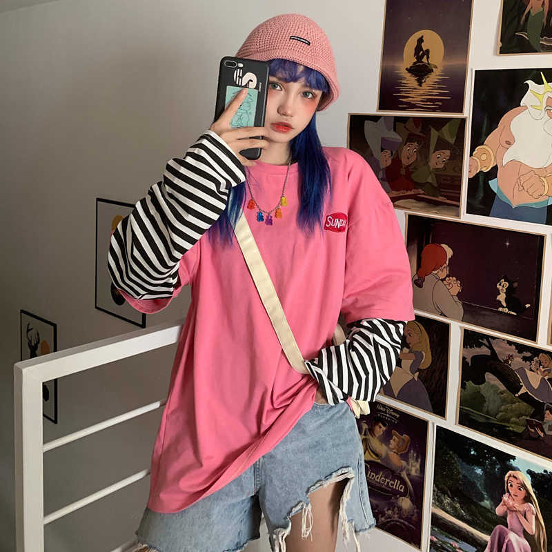 

Korea ins Harajuku vintage striped fake two long-sleeved T-shirt female fashion loose O-neck casual 210608, Pink