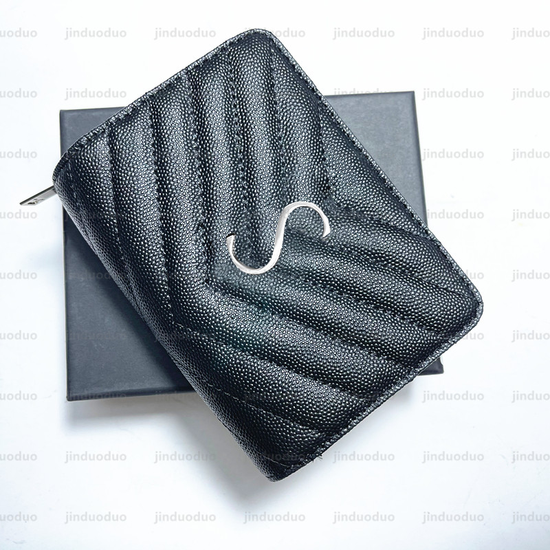 

5A quality Genuine leather purses Luxury designer card holders Wallets men Original famous Coin holder With box Women Key Wallet handbags bags Interior Slot Womens, Black silver