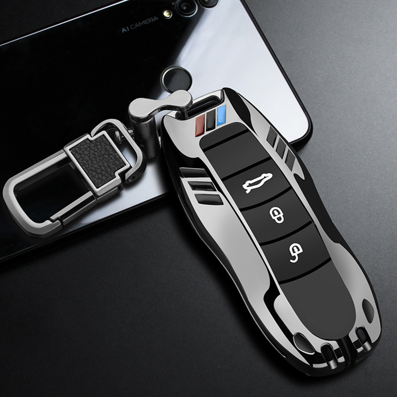 

zinc alloy car Key Case Shell fob Cover for Porsche Boxster Cayman 911 Panamera Cayenne Macan gift for man with key chain, Sky blue