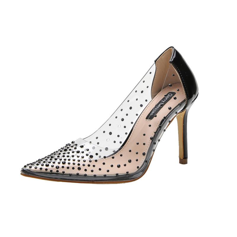 

Dress Shoes 2021 Summer Party Transparent Sandals Rhinestones Sexy High Heels Crystal Bridal Wedding Office Women's Scarpe, Black
