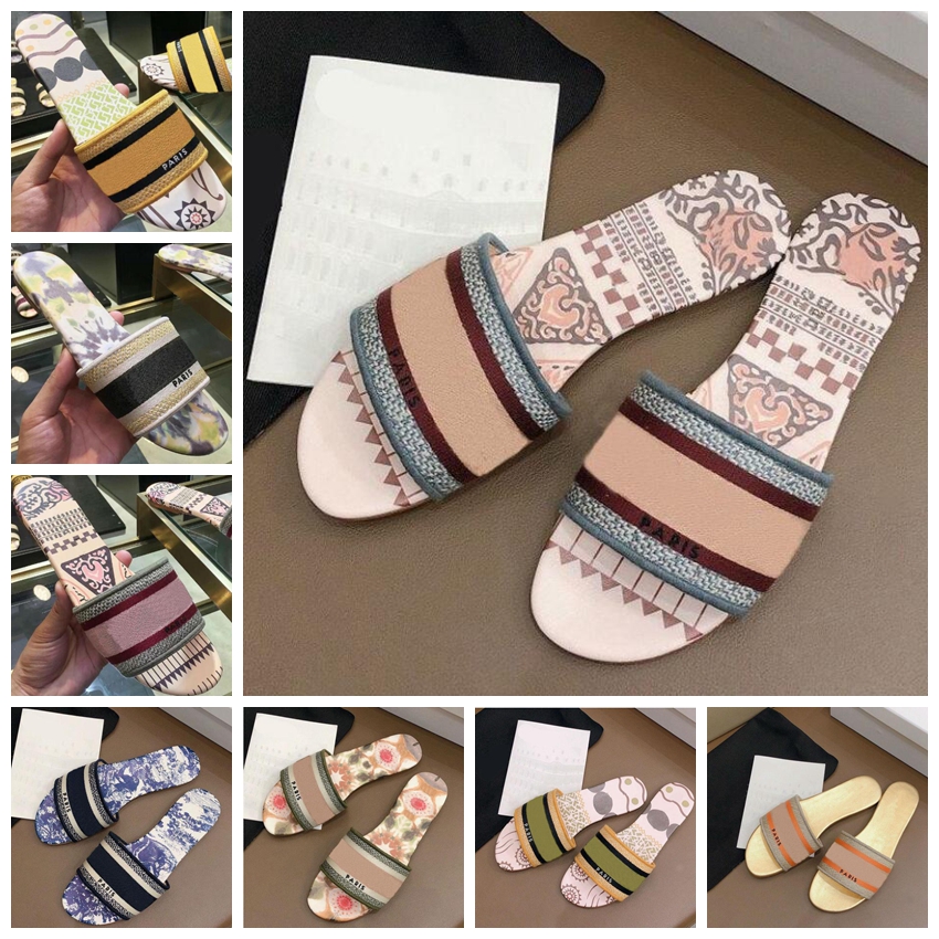 

2021 Designer Leather Ladies Sandals Summer Flat Slipper fashion beach woman Big head Slipper Rainbow letters slippers with box, Black