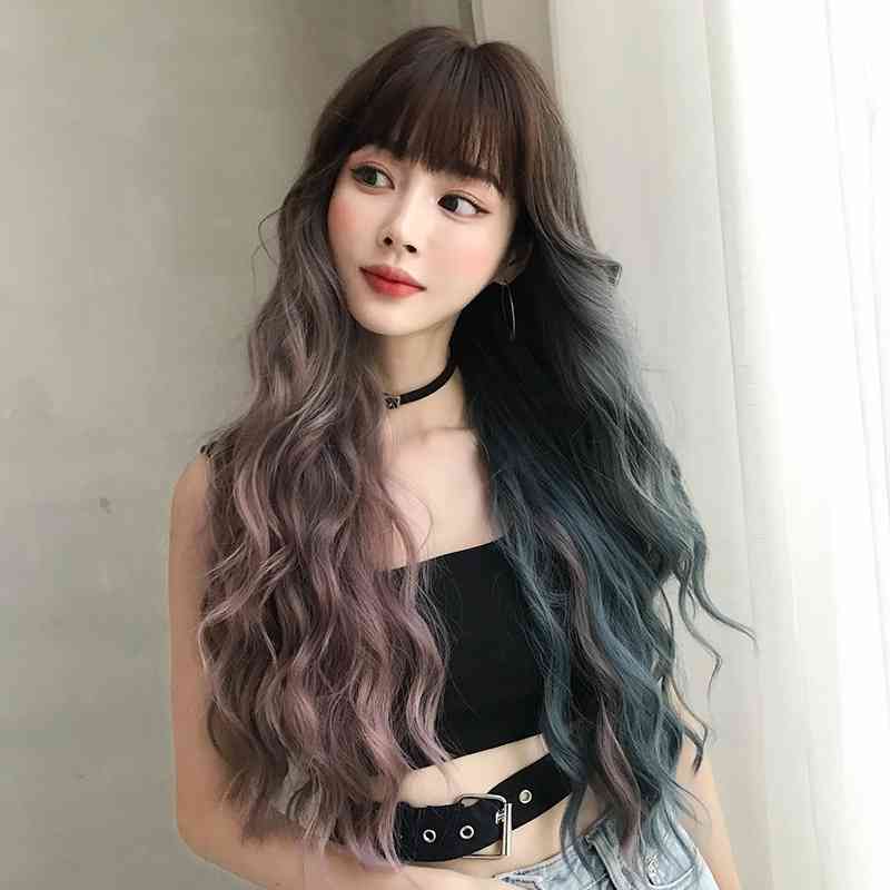 

women's Popular long wig hair mandarin duck big wave two color even bangs full head cover, 76cm
