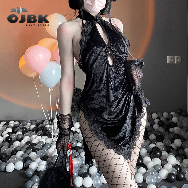 

Sexy Anime Cosplay Costumes Gothic Asian Cheongsam Lace Floral Halter Hollow Dresses Erotic Outfit Lingerie For Women 2021 New, Red