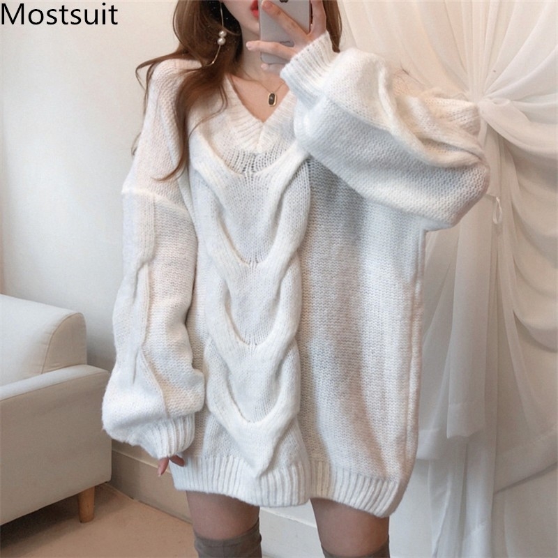

Oversized Twisted Knitted Korean Women Pullover Winter V-neck Full Sleeve Long Sweater Solid Fashion Ladies Jumpers Femme 210518, Rose red