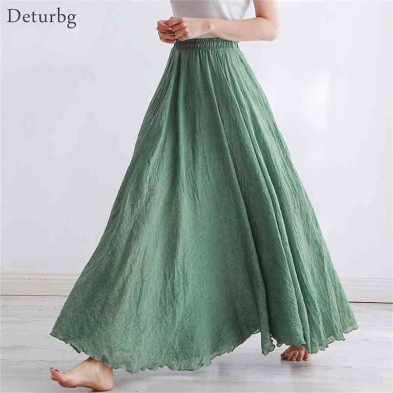 

High Quality Cotton Linen Maxi Skirt Womens Casual Elastic Waist Pleated A-Line Beach Skirts Boho Saia Feminina Faldas Jupe 210702, Nude