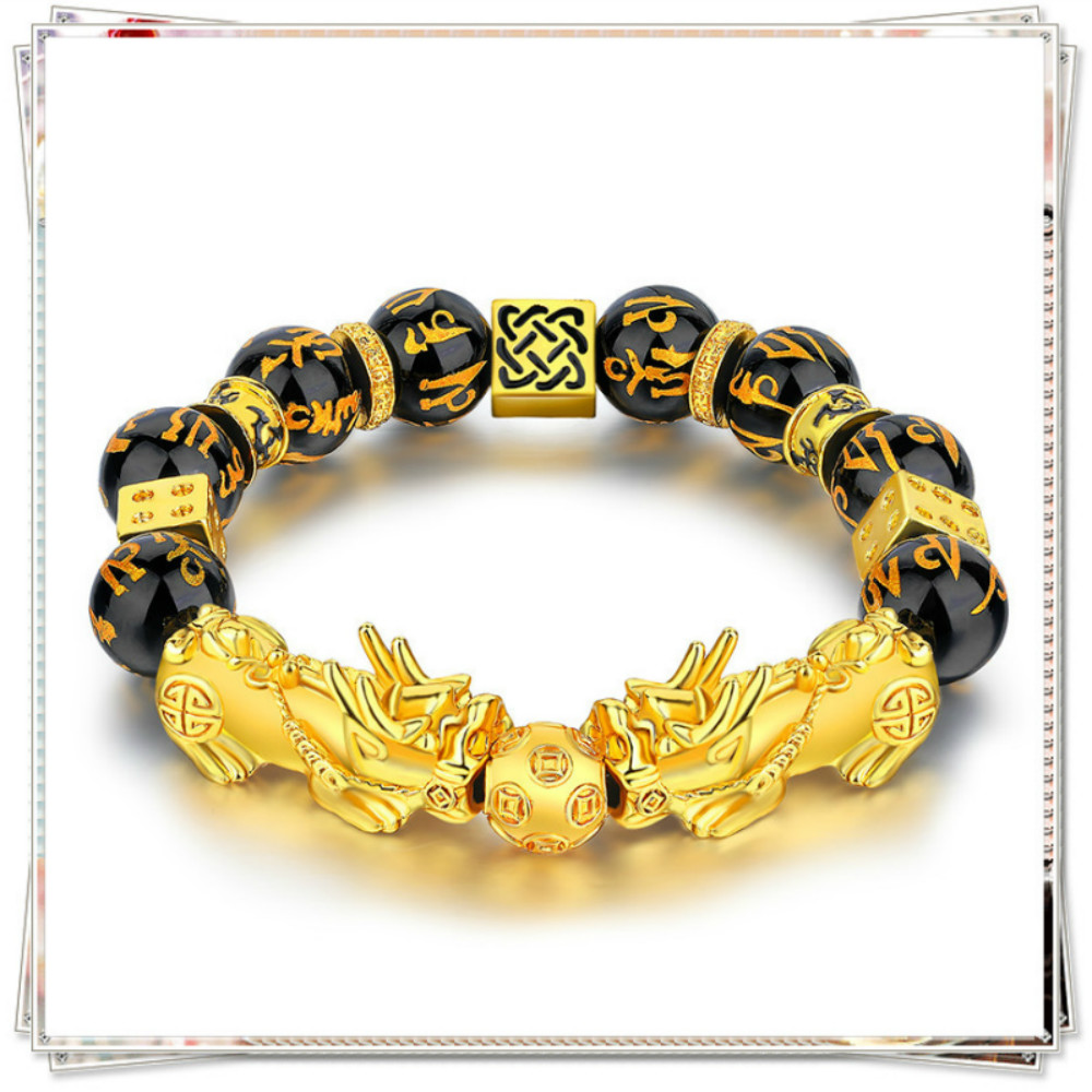 

Feng Shui Obsidian Stone Beads Bracelet Men Women Unisex Wristband Gold Black Pixiu Wealth and Good Luck Women Jewelry Bracelet