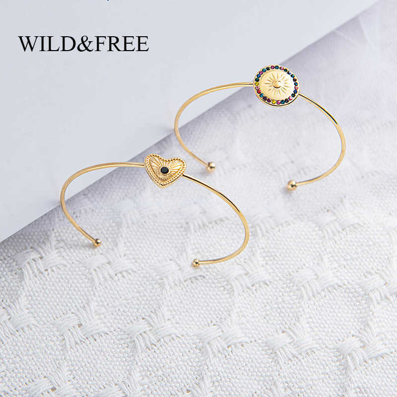 

Wild & Free Women Open Bangles Stainless Steel Gold Heart Round Shape with Crystal Thin Circle Cuff Bangles Vintage Jewelry Q0719